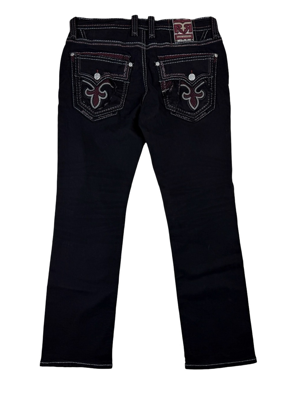 Rock Revival Waterfall Straight Distressed Black Red Denim Jeans Size 38x34 NWT